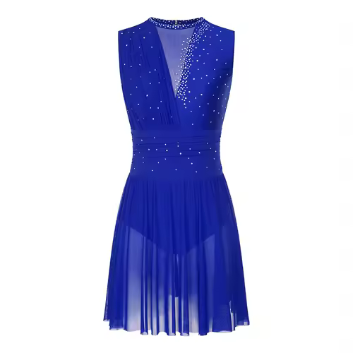 Women Ruched Ballet Lyrical Dancing Dress Round Collar Sleeveless Rhinestone Backless Dress for Stage Performance Competition - Image 10