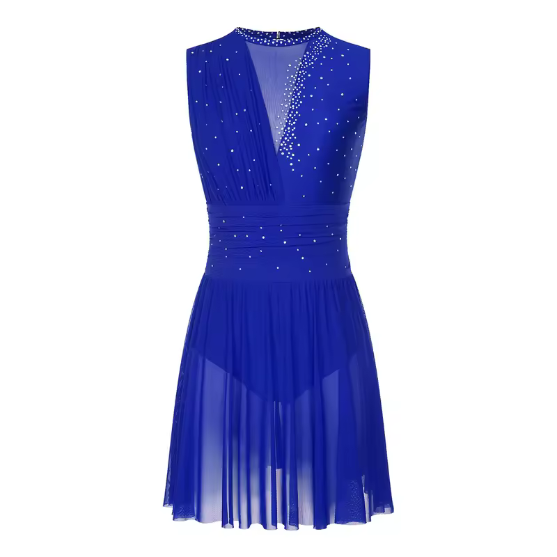 Women Ruched Ballet Lyrical Dancing Dress Round Collar Sleeveless Rhinestone Backless Dress for Stage Performance Competition - Image 10