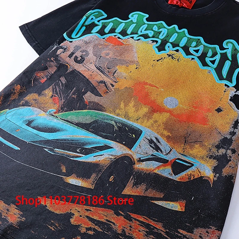 Godspeed T-shirt Short Sleeve Skull Racing Sunrise Print American Hip Hop Fashion Crewneck Tops Tees Streetwear Men Women