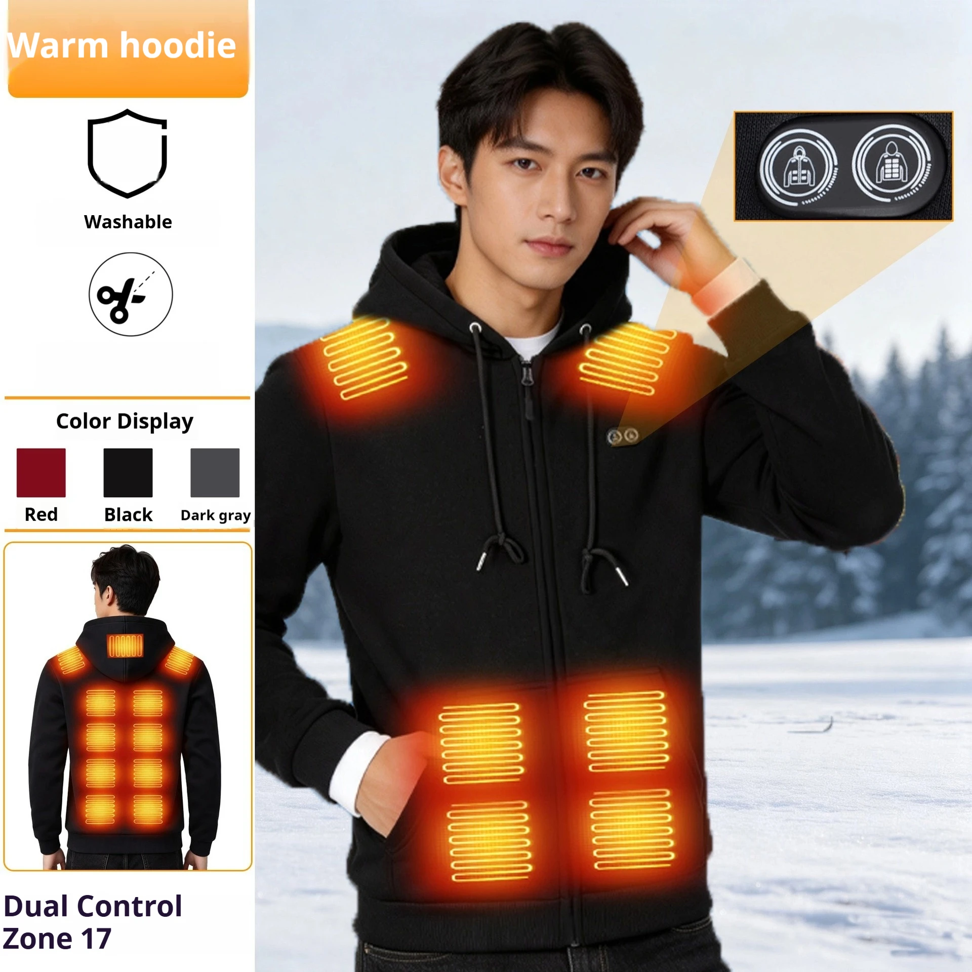 Men Intelligent Dual Control 17 Zone Heating Hooded Jacket Winter Constant Temperature Warm Thermal Heating Suit Outdoor Cold