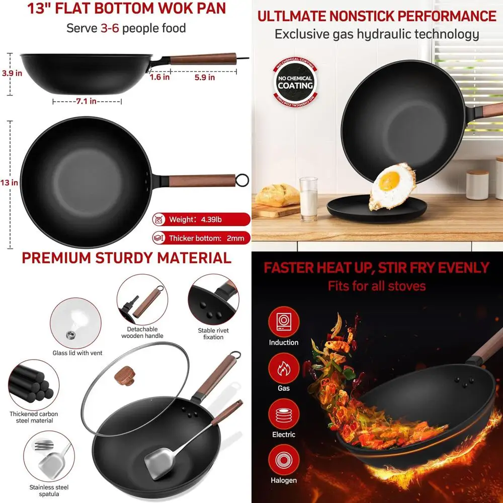 

13-Inch Carbon Steel Wok with Glass Lid and Steel Spatula, Compatible with Induction, Electric, and Gas Stoves