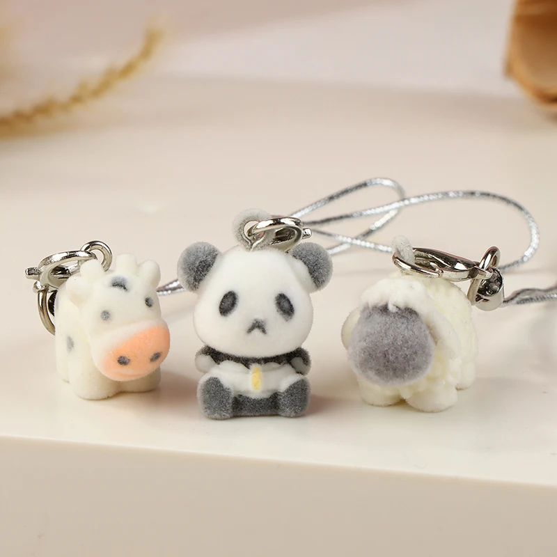 Flocking Panda Sheep Cow Phone Lanyard Cute Plush Animal Phone Charm Mobile Phone Strap Keychain Accessories