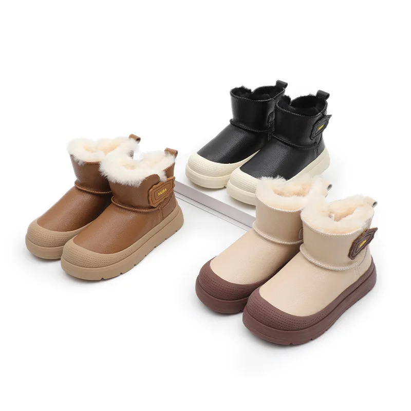 جلد طبيعي الفتيات أحذية أطفال طويلة الرقبة الشتاء الدافئة الصوف بطانة الأطفال أحذية الثلوج مقاوم للماء عدم الانزلاق جلد البقر الفتيان الأحذية #1