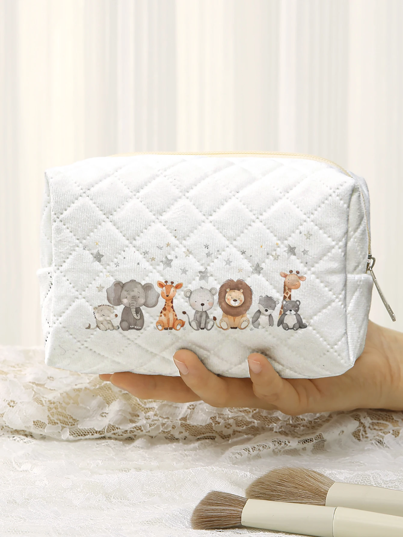 Cute Safari Animal Print Quilted Cosmetic Bag Large Capacity Zipper Makeup Pouch Portable Travel Storage Bag For Kids Girls