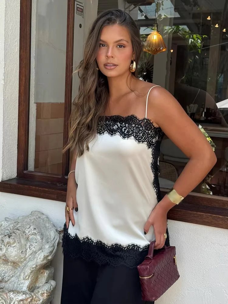 HH Women Summer Skirt Suit Backless Sleeveless Lace Patchwork Sexy Sling Top+Back Zipper Split Hem Satin Texture Midi Skirt