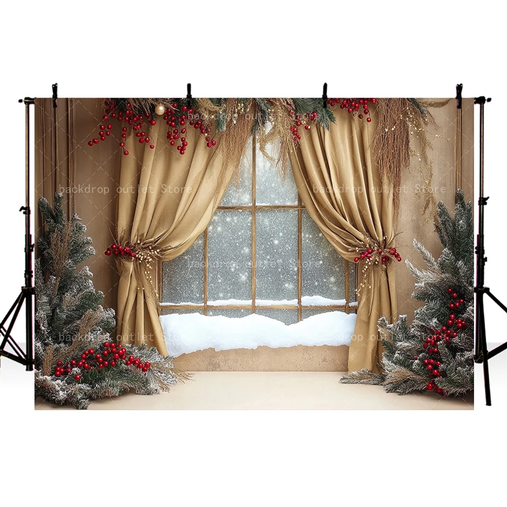 Mehofond عيد الميلاد نافذة الستار خلفية التصوير الفوتوغرافي شجرة عيد الميلاد شرابة مشهد ثلجي التصوير خلفية الصورة استوديو الدعامة