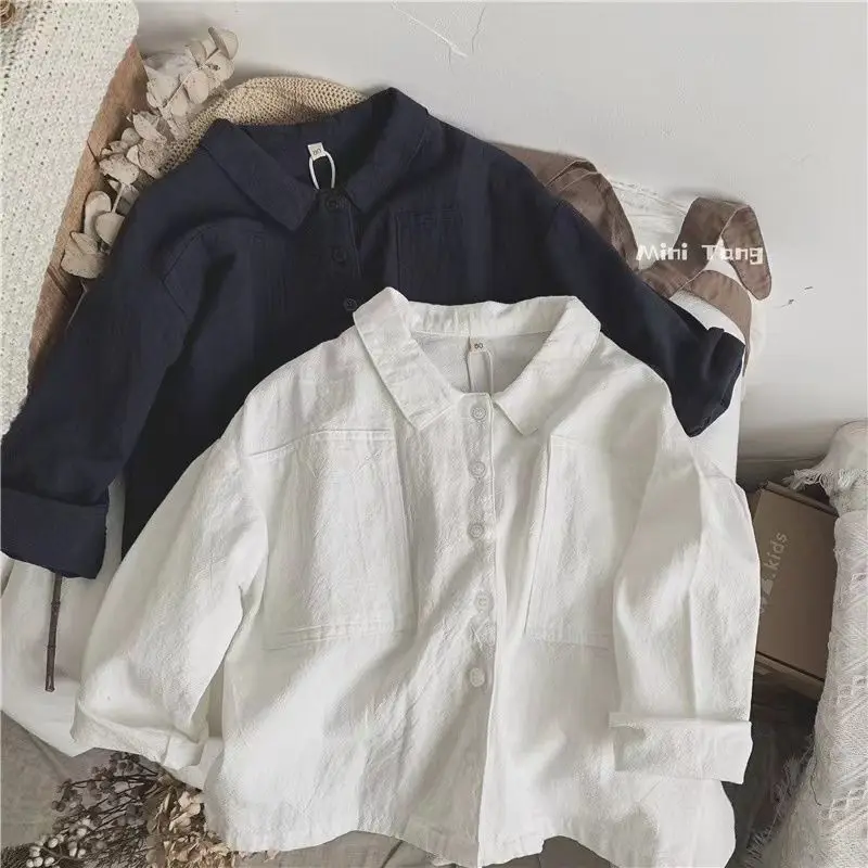 Camisa de linho de algodão com gola polo manga comprida, camisa retrô masculina, blusa de bebê, casaco infantil, estilo japonês, primavera e outono