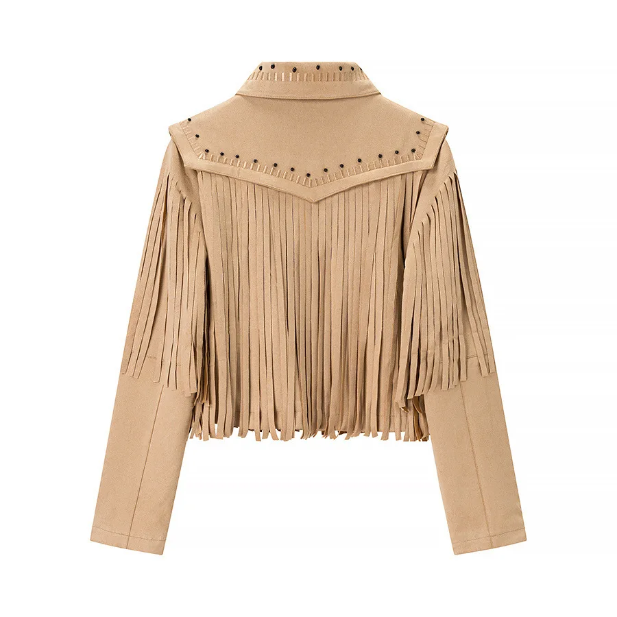 Suninheart Women's Fringe Suede Jacket Short Structured Shoulder Tassel Going Out Crop Jacket Bead Embellished Boho Outerwear