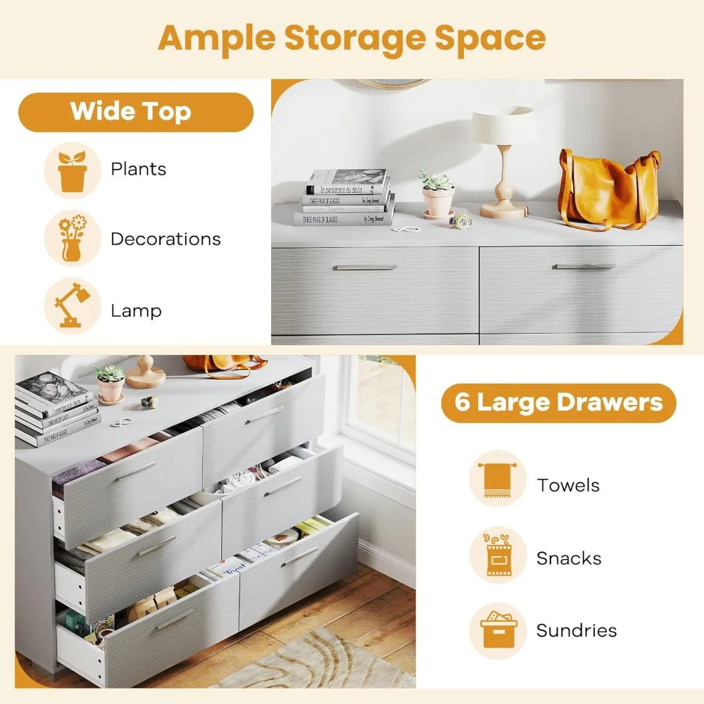 خزانة تخزين مع 6 أدراج وأرجل معدنية ومقابض، وأجهزة مضادة للسقوط، وخزانة مزدوجة واسعة، وطاولة كونسول، وحديثة