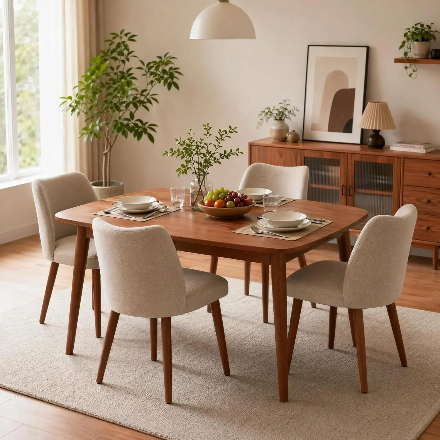 

Set of 4 Mid Century Dining Chairs, Upholstered with Thick Seat Cushion and Curved Back for Kitchen/Living Room, Camel