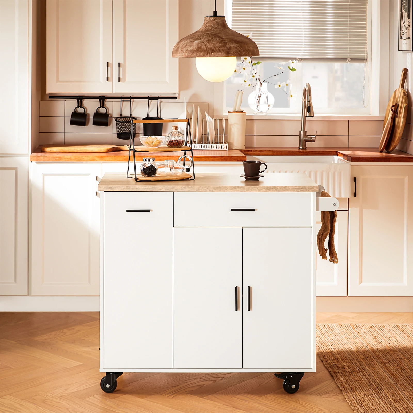 SoBuy FKW126-WN Carro de cocina de diseño con isla de cocina enrollable con plato de trabajo y especias para cocina blanco BHT aproximadamente 105x92x46cm