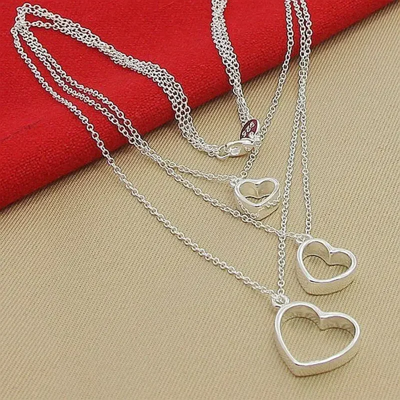 Enduring Love 925 Sterling Silver Three Heart Pendant Necklace Women's Gift