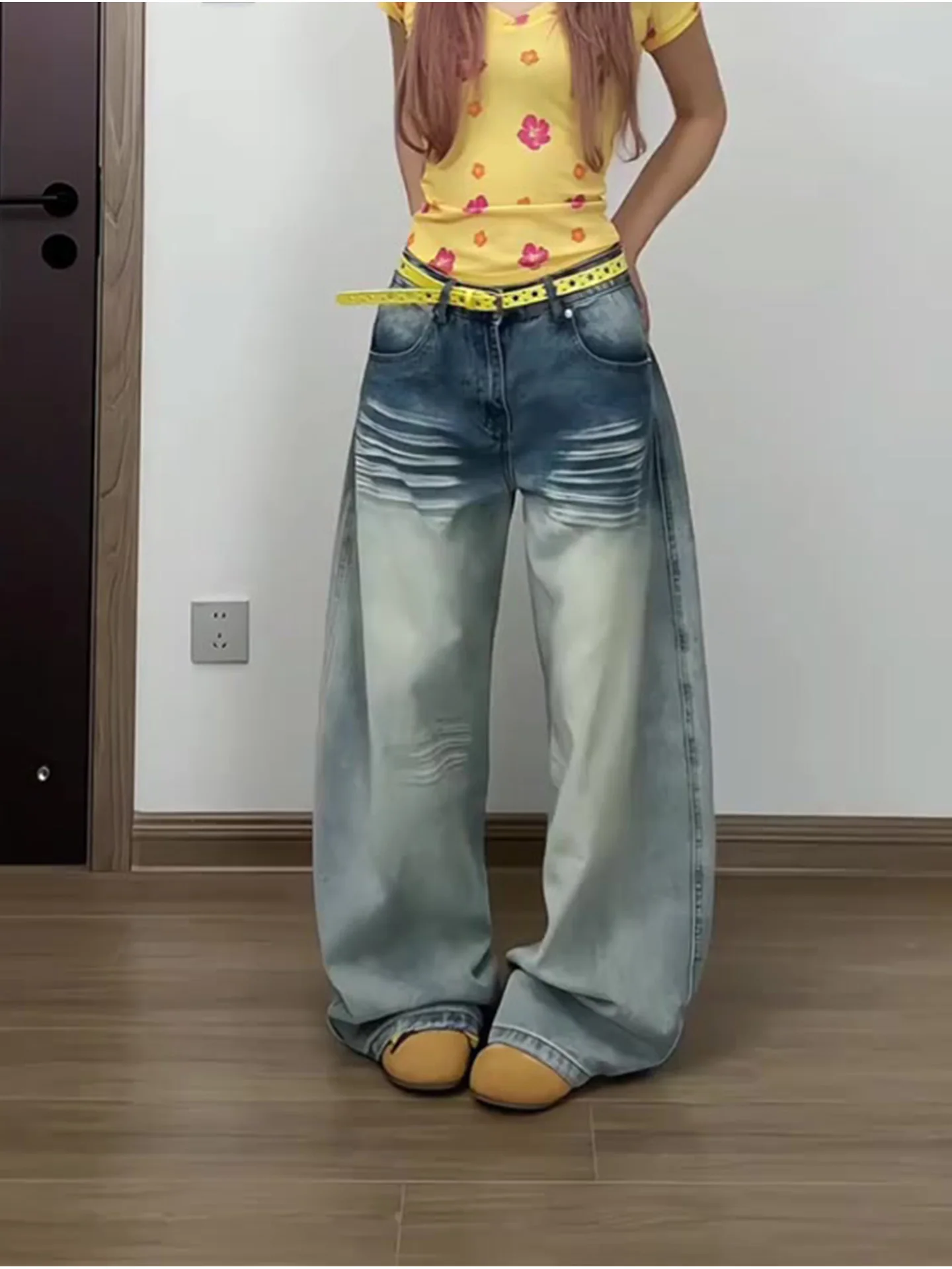 

High Waist Wide Leg Light Blue Denim Jeans Women's Summer New Style Washed Slimming Retro Style Casual Pure Color Jeans