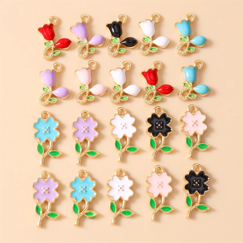 10 Stück niedliche, bunte Emaille-Blumenanhänger zum Basteln von Halsketten, Ohrringen, Armbändern, DIY-Bastelarbeiten und Schmuckaccessoires – Detail 1