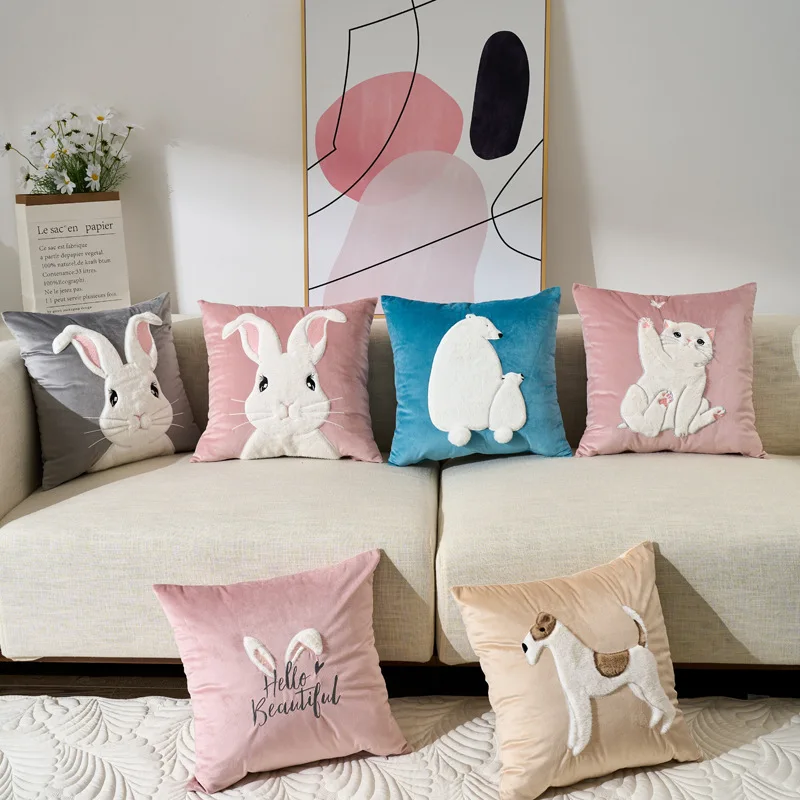 45x45CM Rabbit Embroidered Throw Pillow Cover Velvet Plush Cute Stamping Waist Cushion Cover Decor Home Decorative Pillowcase