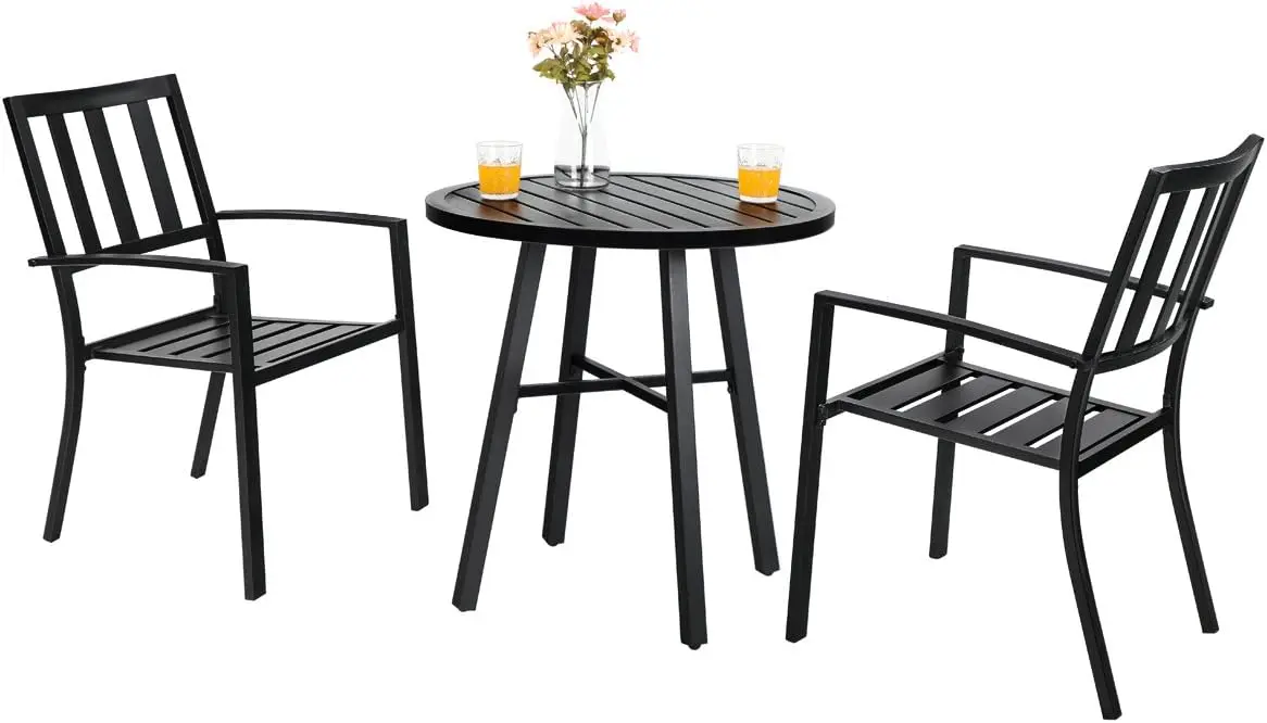 

3 Piece Outdoor Patio Bistro Dining Set, Slatted Metal Round Table & 2 Patio Chairs, Outdoor Furniture Set for Porch, Deck