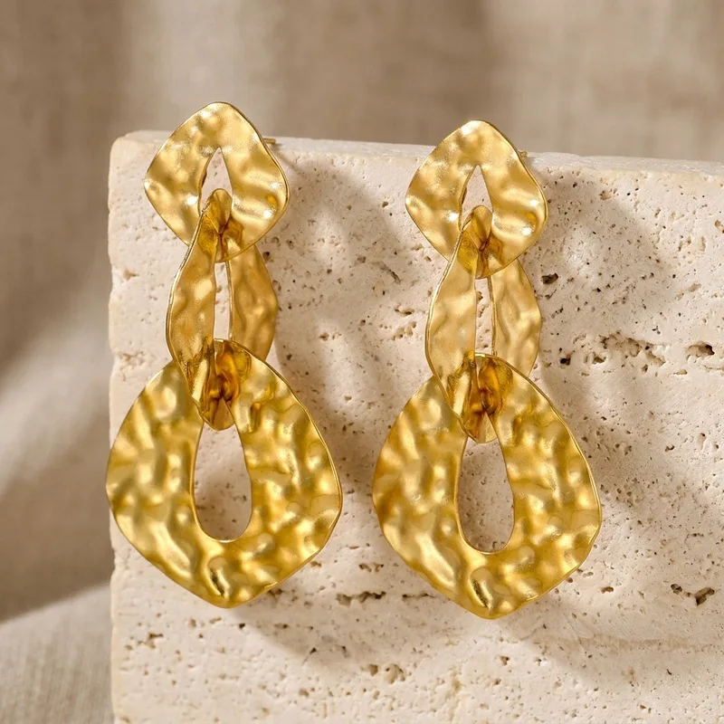 Vintage Abstract Hammered Multi-Layered Drop Earrings Vacuum gold-plated stainless steel geometric stacked pendant earrings Wome