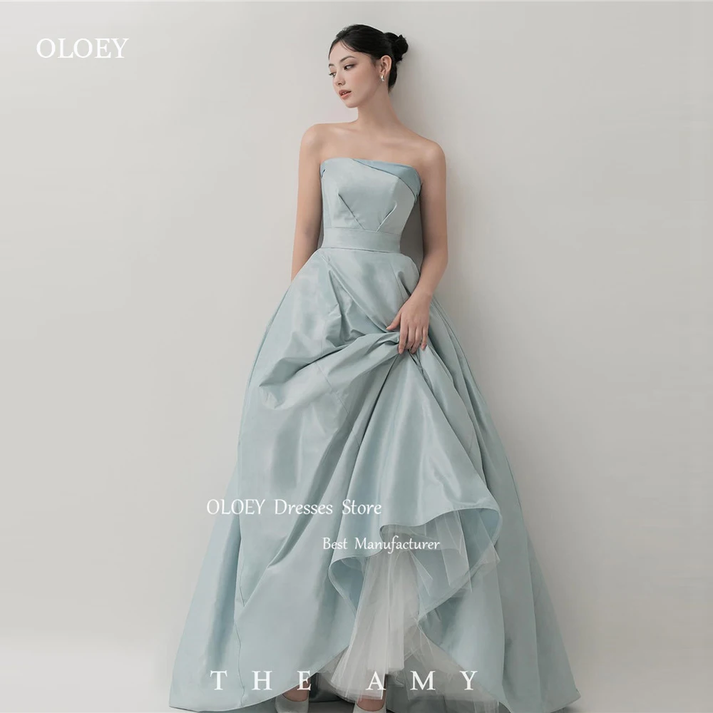 

OLOEY Elegant Pale Blue A Line Evening Dresses Korea Wedding Photoshoot Strapless Satin Corset Back Formal Party Dress