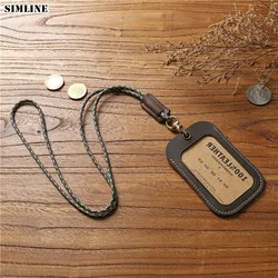 Genuine Leather Badge Holder For Men Women Vintage Handmade Original Cowhide ID Employee Work Bus Card Case Cover With Lanyard