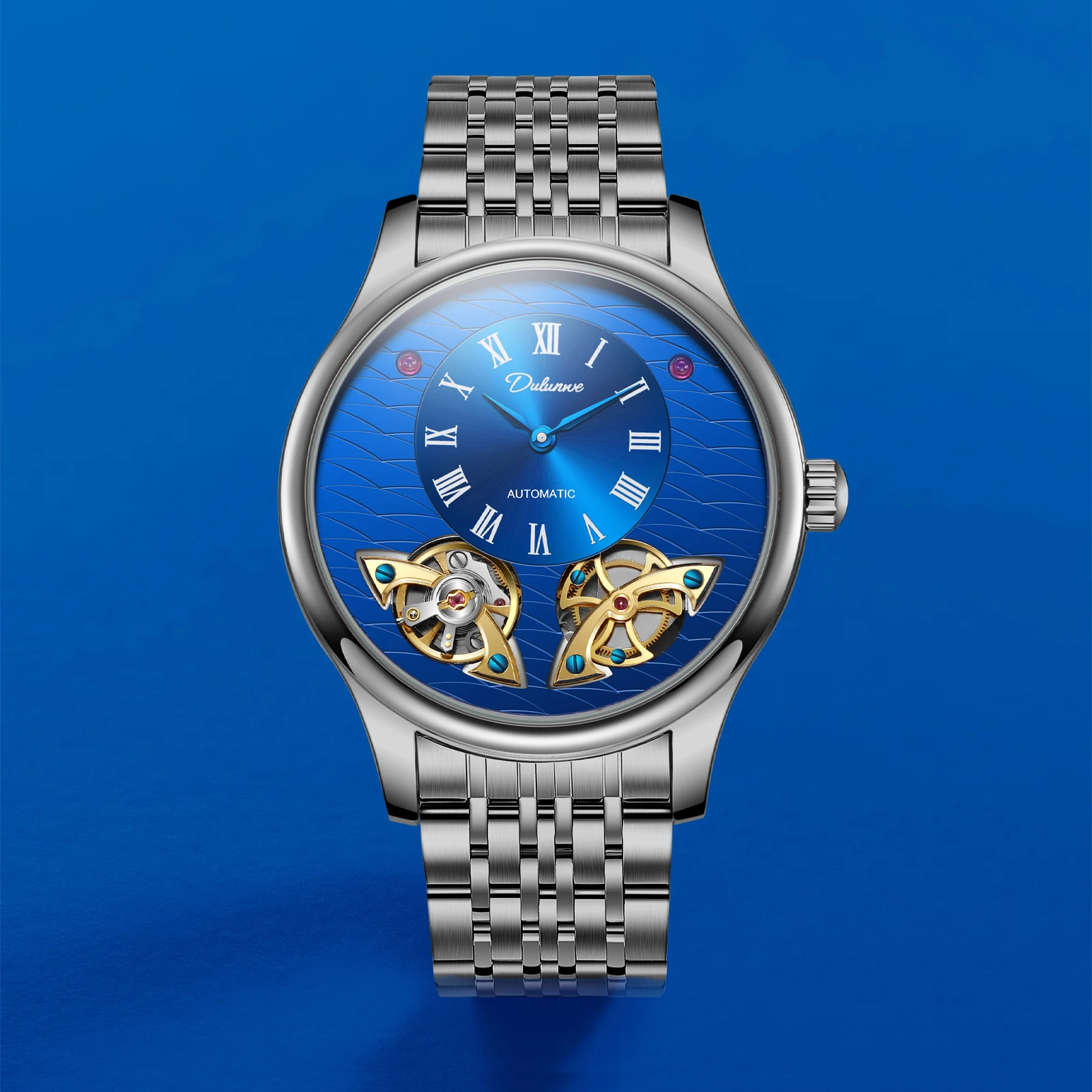 Dulunwe New Double Flywheel Mechanical Men Automatic Watch Fashion Fish Scale Pattern Dial Design Luxury High Quality Wristwatch