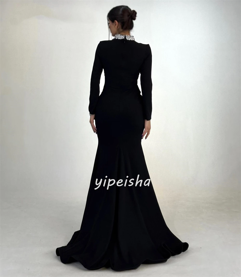 Personalizado elegante formal jérsei strass plissado sereia gola alta vestidos longos sob medida vestidos de ocasião tamanhos disponíveis sexy