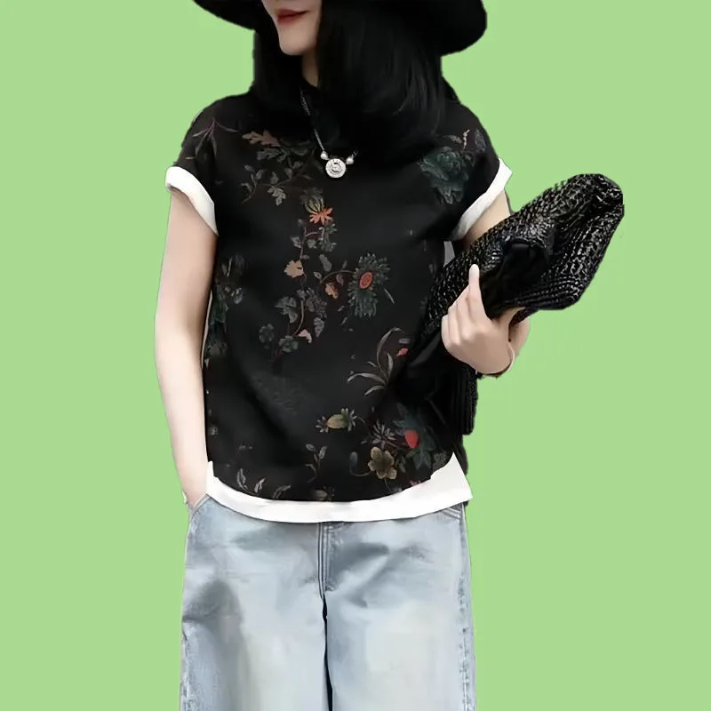 Camicette in due pezzi finte con stampa vintage o-collo impiombate Abbigliamento donna 2025 Estate Nuove magliette eleganti allentate Camicie all-match