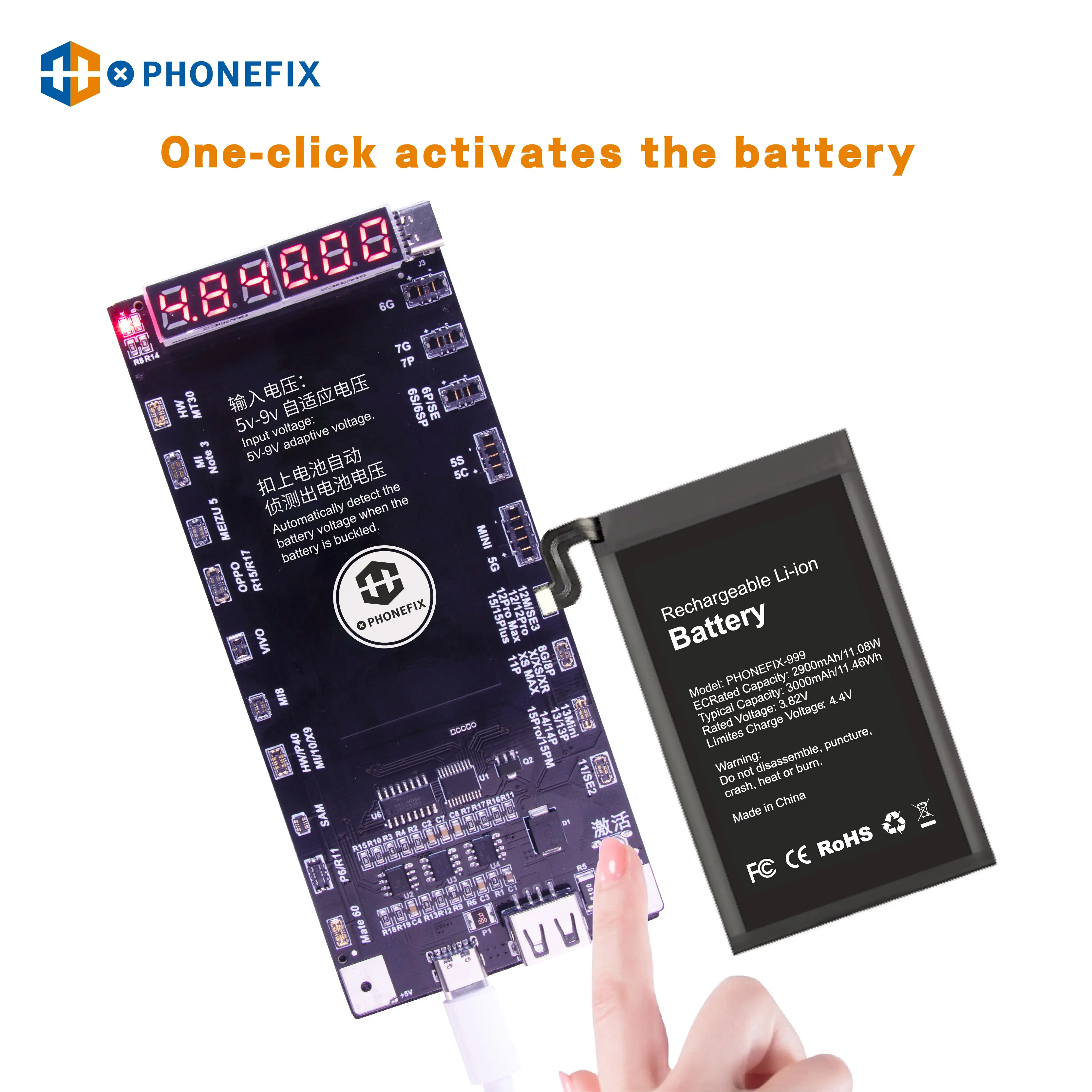 PHOENFIX HW-29 Battery Board Fast Charging & Activate Detection Board for iPhone 5- 12 13 14 15 Pro Max Huawei Battery Testing