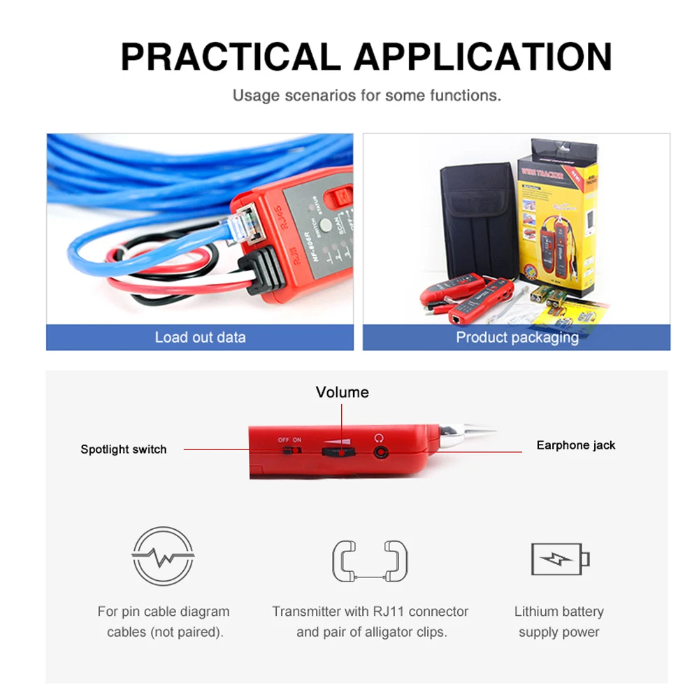 NOYAFA NF-806R Network Cable Tester Ethernet LAN Test Wire Tracer RJ45 RJ11 Line Finder LED Lighting Withstand Voltage