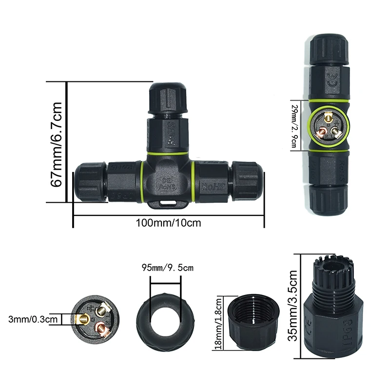2PCS M20 3-Way 3-Core IP68 Nylon Waterproof Junction Connectors, Short & Long Two Sizes Available, Outdoor Industrial Cable Term