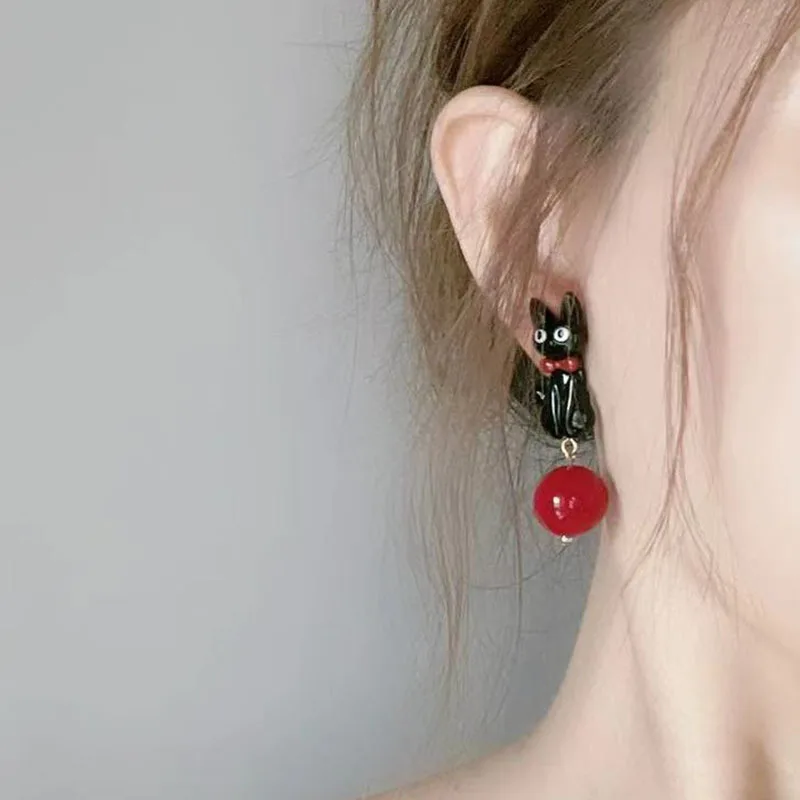 Sweet Cool Cartoon Black Cat Earrings Fashionable Women Personality Temperament Red Pearl Pendant Earrings Simple High-End