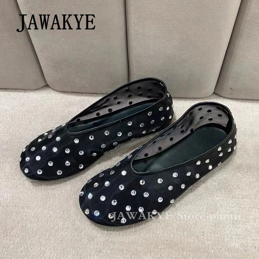 Blingbling Rhinestone Mesh Flat Ballet Shoes For Women Round Toe Soft Sole Net Loafers Summer Casual Walking Boat Shoes Female