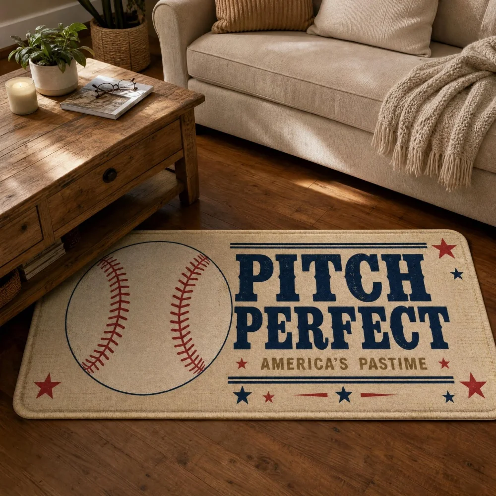 Soft Flannel Long Indoor Runner Mat Retro Beige Baseball Design Anti Slip Water Absorbent Bedroom Bedside Floor Rug Decor Carpet