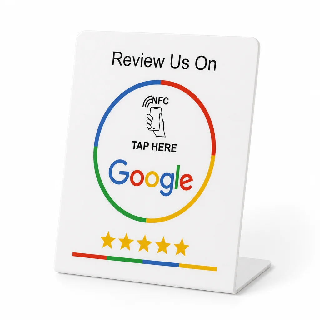 NFC Countertop Display Stand 120x140mm Google Review Instagram WhatsApp Table Sign, Tap or Scan QR Options for Cafe Retail