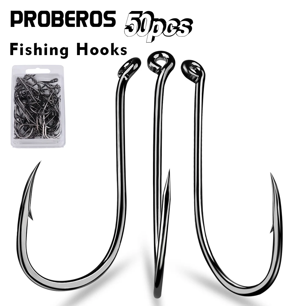 PROBEROS 50 Stück Angelhaken mit Widerhaken für Salzwasser aus Hochkarbon-Stahl, Geeignet für Tagesangeln und Süßwasserfischerei – Detail 1