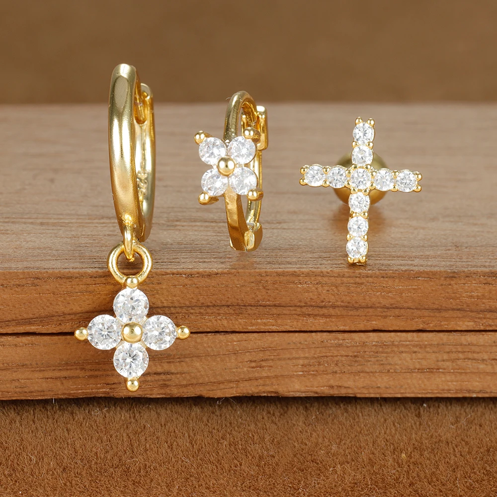 Vintage Gold Color Zircon Flower Pendant Hoop Earrings Set for Women Stainless Steel Fashion Huggies Piercing Jewelry aretes