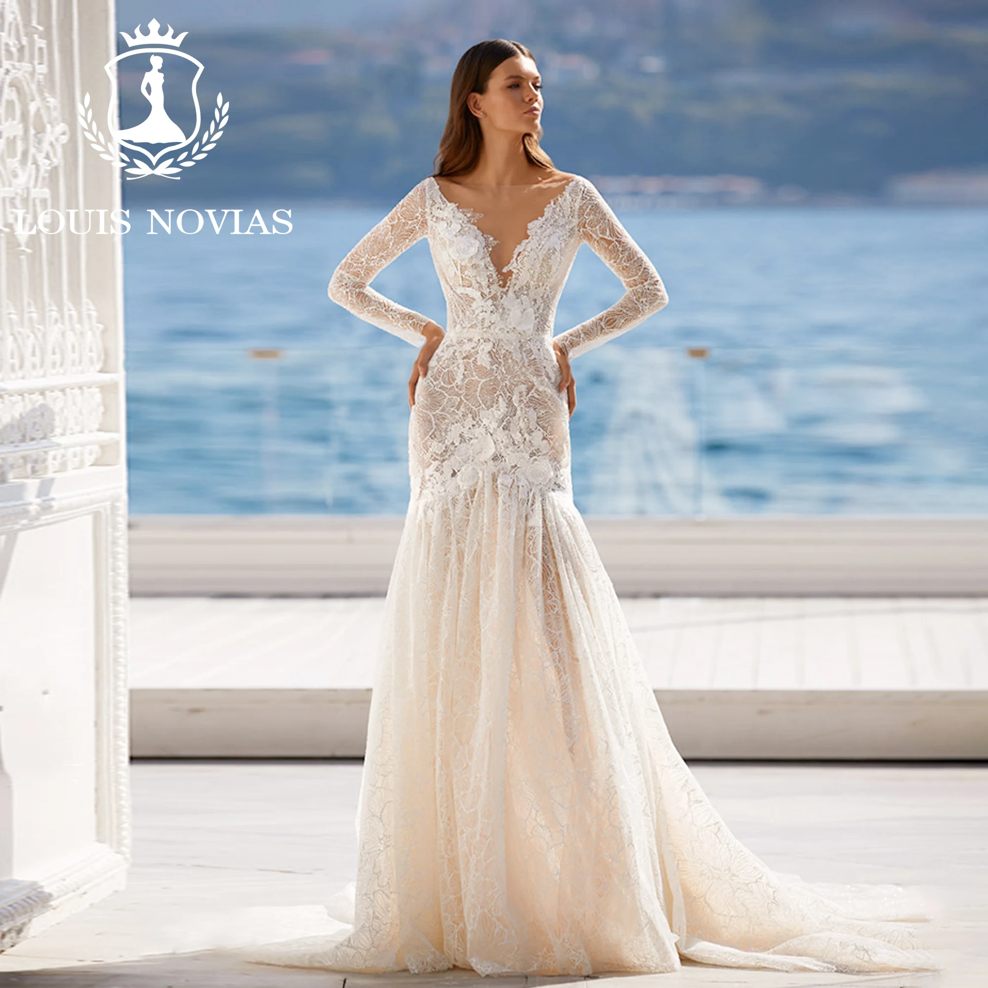 LOUIS NOVIAS-Vestidos De Novia De sirena para mujer, sexys y elegantes apliques De flores 3D, vestido De Novia De trompeta con espalda descubierta, Vestidos De Novia