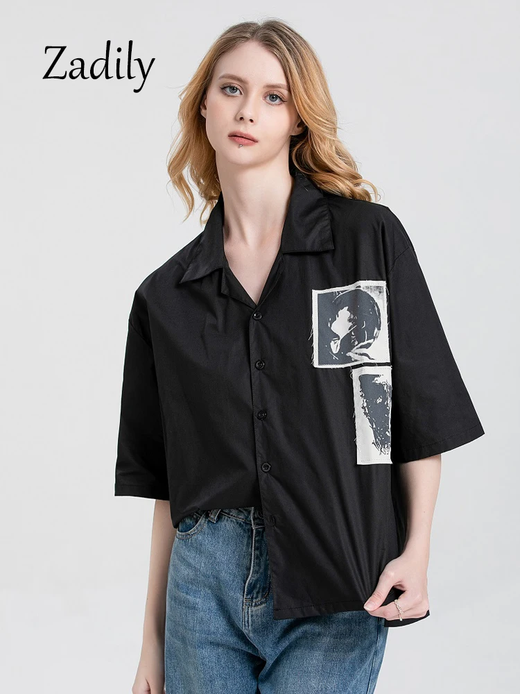 Short Sleeve Shirt for Women, Gothic Print, Loose Streetwear, Button, Patchwork, Female Clothing Tops, Summer Y2k, 2024