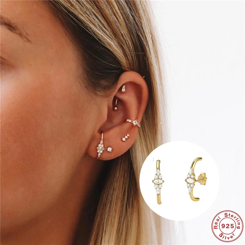 AIDE 925 Sterling Silver 18K Gold Sparkling Zircons Flower Cartilage Earlobe Wrap Stud For Women Versatile Line Shape Earrings
