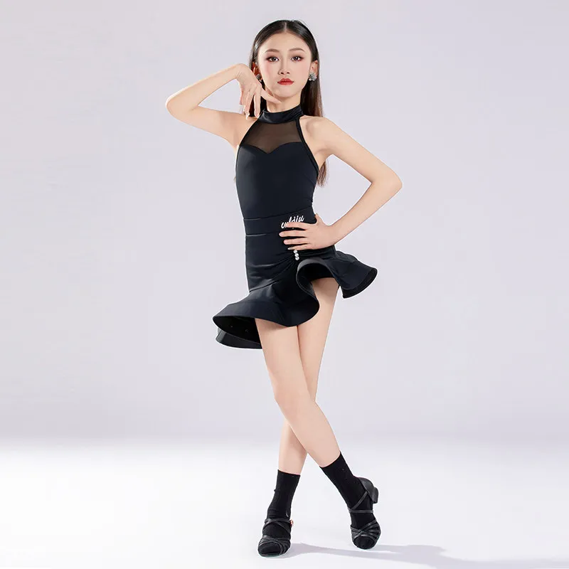 

Новинка 2026: Комплект для латиноамериканских танцев для девочек – топ с завязками на шее и юбка-рыбий хвост для тренировок, костюм для ча-ча-ча, XH4470