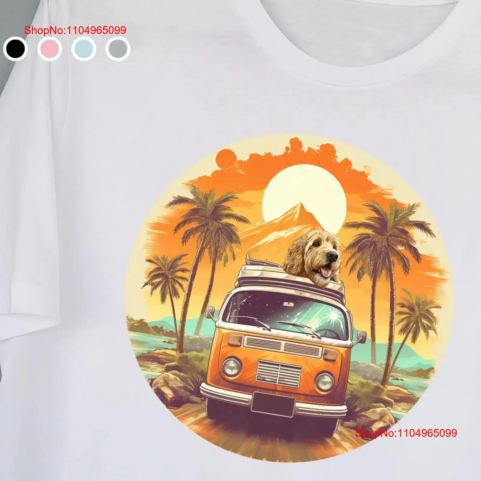 Camiseta con retrato de perro Doodle en una furgoneta de estilo retro, regalo personalizado para el propietario de las mascotas, ropa de calle unisex versátil y lavada vintage