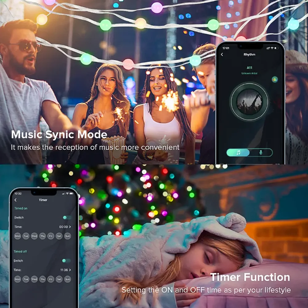 Intelligente RGB-USB-Weihnachtslichterkette: Bluetooth-Fernbedienung, Musiksynchronisierung, wasserdicht, für die Raumdekoration im Innen- und Außenbereich