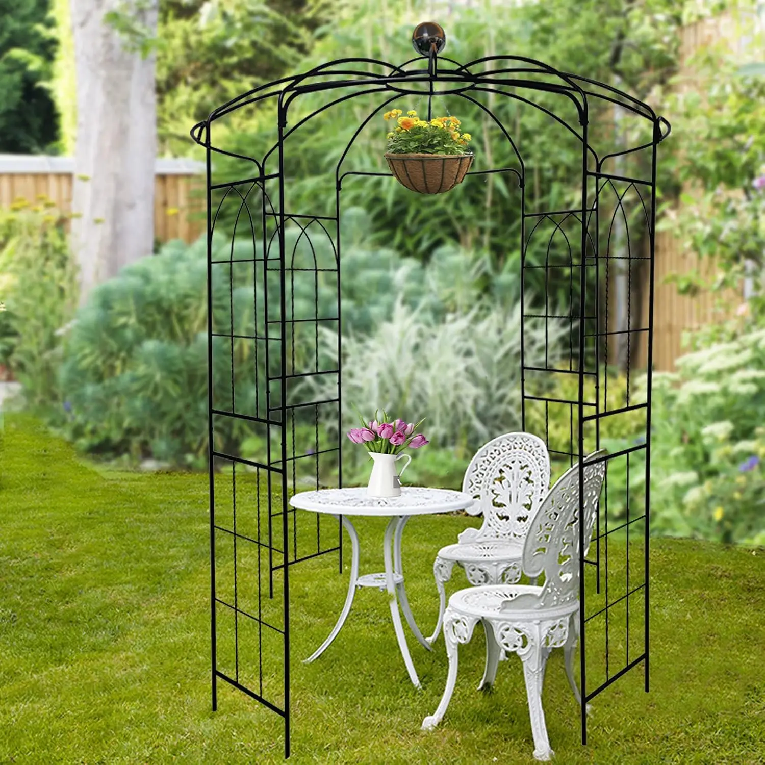 Black Iron Birdcage Shape Metal Garden Arch Gazebo, 81.3'' Dia x 114.2'' High Arbor Pergola Pavilion for Outdoor Wedding Ceremony