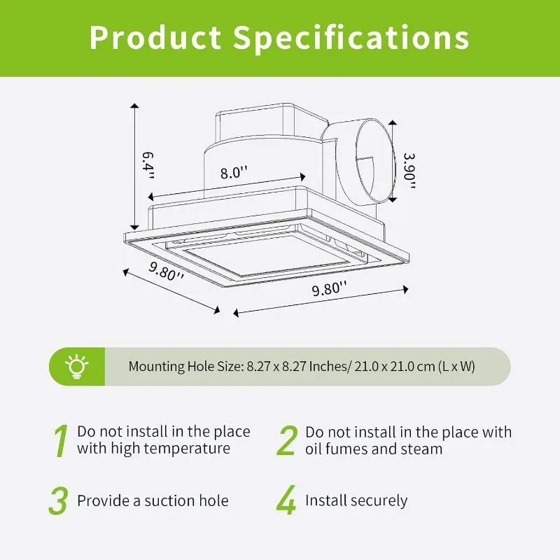 Bathroom Fan with Light Ceiling Mount Shower Ventilation Exhaust Fan with Color Change Light 3000K/4000K/6000KVent Fan