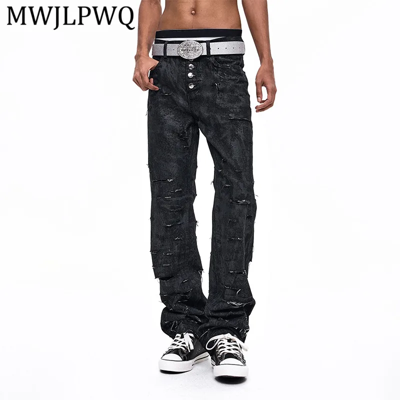 

MWJLPWQ Button Waxed Ripped Jeans For Men Summer Subculture Design Street Style New Men's Skinny Straight Slim-Fit Pants 16166