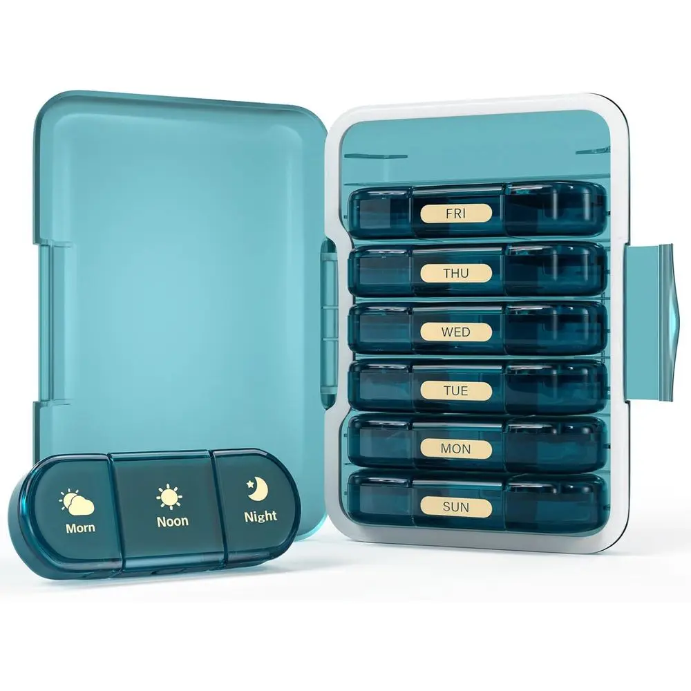 

3-Times Daily 7-Day Pill Organizer, Portable Travel Case for Pills, Vitamins, Oils, Medications, Supplements - Blue