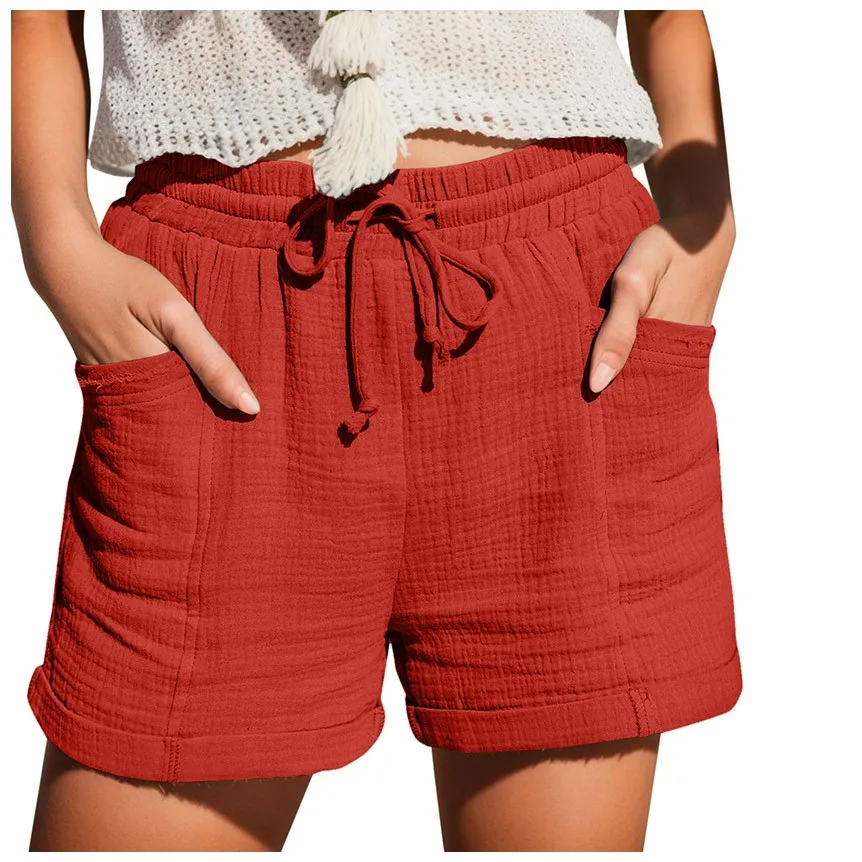 

Cotton Linen Shorts Summer Women's Solid Casual Shorts High Waist Drawstring Elastic Waist Shorts Loose Comfort Sport Shorts