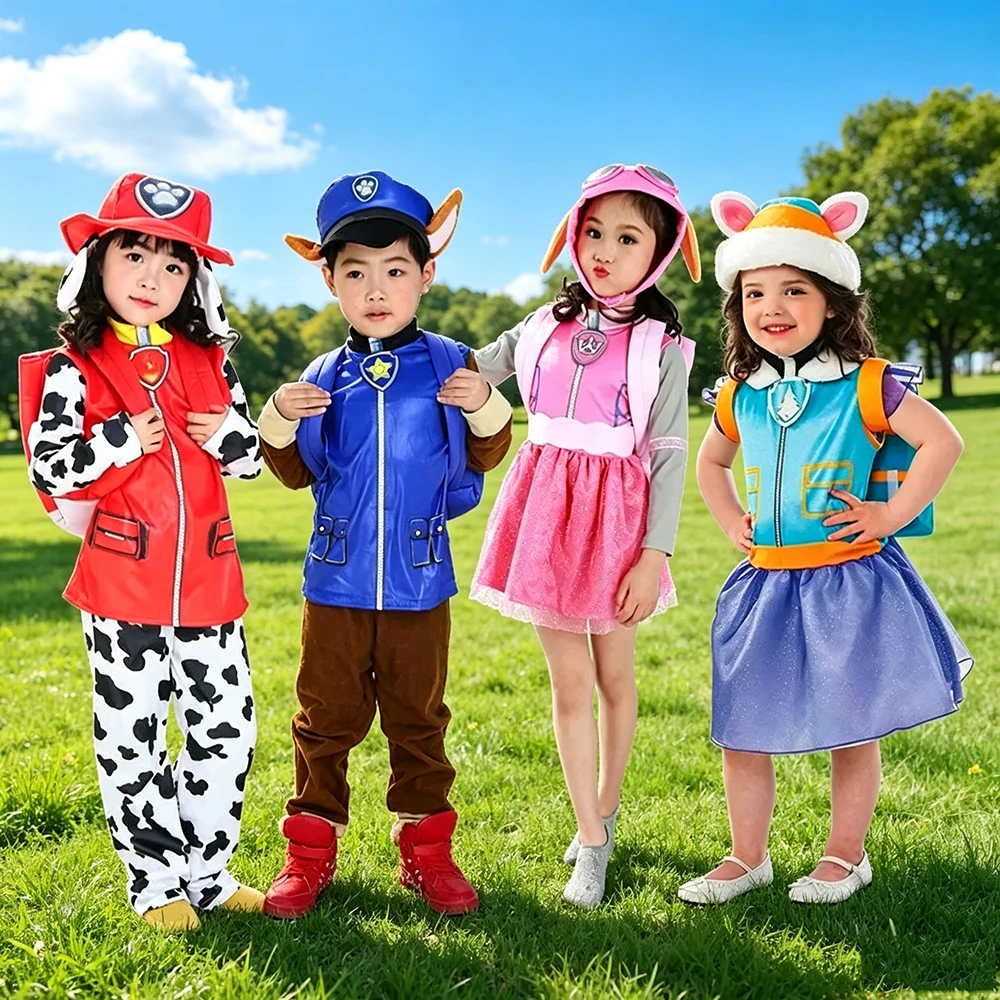 Anime Kinder Hunde-Patrouille Cosplay Kostüm Chase Skye Everest Zuma Rubble Rocky Komplettset mit Oberteil, Hose, Rucksack, Hut für Halloween-Party – Detail 1
