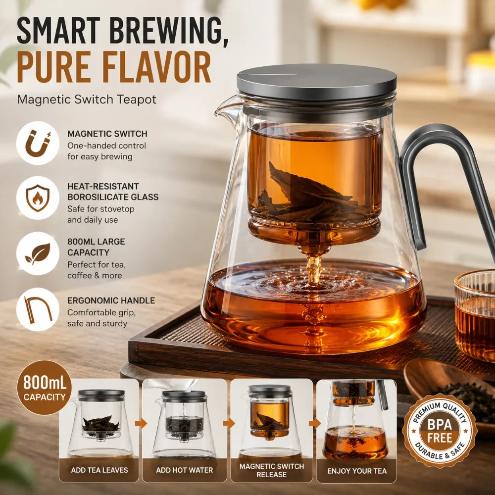800mL Heat-Resistant Glass Teapot with Innovative Lid Design, Borosilicate Tea Pot, One-Hand Brewing Control, Black Handle