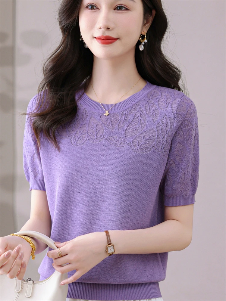 

Футболка из ледяного шелка ort Sve, женский модный вязаный тонкий топ с вырезами для мам среднего возраста, летнее новое поступление