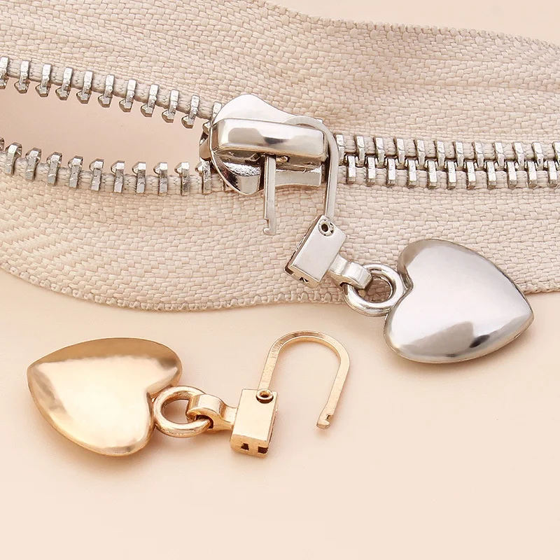 5PCS Sewing Zippers Puller Head Heart Shape Detachable Metal Zipper Slider Repair Kits For Bags Backpack Coat Zipper Pull Tab